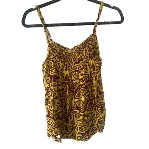 Hula Bay Hawaiian Aloha Monstera Tribal Smocked Spaghetti Strap Cami Top S